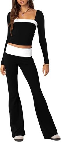 Aisbei Lounge Sets for Women 2 Piece Y2K Outfits Long Sleeve Square Neck Crop Tops Fold Over Flare Pants Set Tracksuits in Saudi Arabia