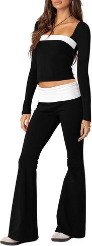 Aisbei Lounge Sets for Women 2 Piece Y2K Outfits Long Sleeve Square Neck Crop Tops Fold Over Flare Pants Set Tracksuits in Saudi Arabia