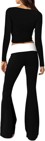 Aisbei Lounge Sets for Women 2 Piece Y2K Outfits Long Sleeve Square Neck Crop Tops Fold Over Flare Pants Set Tracksuits in Saudi Arabia