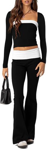 Aisbei Lounge Sets for Women 2 Piece Y2K Outfits Long Sleeve Square Neck Crop Tops Fold Over Flare Pants Set Tracksuits in Saudi Arabia