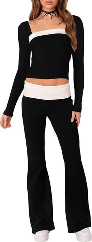 Aisbei Lounge Sets for Women 2 Piece Y2K Outfits Long Sleeve Square Neck Crop Tops Fold Over Flare Pants Set Tracksuits in Saudi Arabia