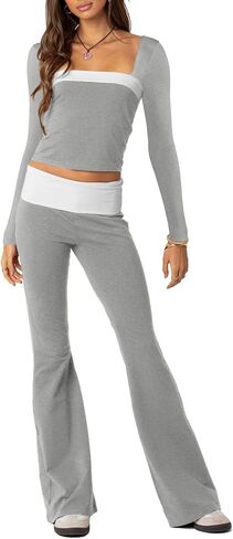 Aisbei Lounge Sets for Women 2 Piece Y2K Outfits Long Sleeve Square Neck Crop Tops Fold Over Flare Pants Set Tracksuits in Saudi Arabia