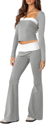 Aisbei Lounge Sets for Women 2 Piece Y2K Outfits Long Sleeve Square Neck Crop Tops Fold Over Flare Pants Set Tracksuits in Saudi Arabia
