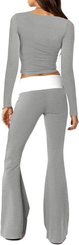 Aisbei Lounge Sets for Women 2 Piece Y2K Outfits Long Sleeve Square Neck Crop Tops Fold Over Flare Pants Set Tracksuits in Saudi Arabia