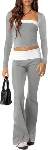 Aisbei Lounge Sets for Women 2 Piece Y2K Outfits Long Sleeve Square Neck Crop Tops Fold Over Flare Pants Set Tracksuits in Saudi Arabia