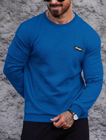 Mainfini Mens Crewneck Casual Sweatshirt Geometric Texture Soild Color Pullover (S-XXL) in Saudi Arabia