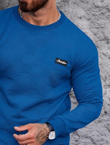 Mainfini Mens Crewneck Casual Sweatshirt Geometric Texture Soild Color Pullover (S-XXL) in Saudi Arabia