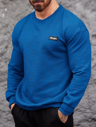 Mainfini Mens Crewneck Casual Sweatshirt Geometric Texture Soild Color Pullover (S-XXL) in Saudi Arabia