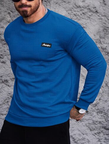 Mainfini Mens Crewneck Casual Sweatshirt Geometric Texture Soild Color Pullover (S-XXL) in Saudi Arabia