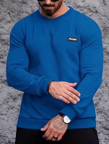 Mainfini Mens Crewneck Casual Sweatshirt Geometric Texture Soild Color Pullover (S-XXL) in Saudi Arabia
