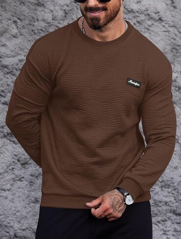 Mainfini Mens Crewneck Casual Sweatshirt Geometric Texture Soild Color Pullover (S-XXL) in Saudi Arabia