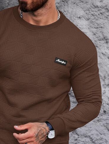 Mainfini Mens Crewneck Casual Sweatshirt Geometric Texture Soild Color Pullover (S-XXL) in Saudi Arabia