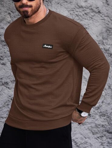 Mainfini Mens Crewneck Casual Sweatshirt Geometric Texture Soild Color Pullover (S-XXL) in Saudi Arabia