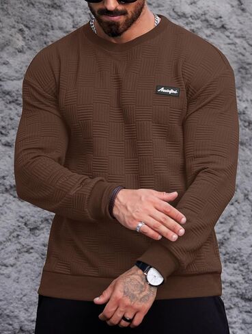 Mainfini Mens Crewneck Casual Sweatshirt Geometric Texture Soild Color Pullover (S-XXL) in Saudi Arabia