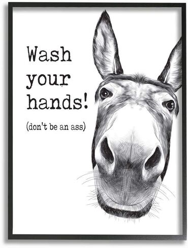 Stupell Industries Wash Your Hands Donkey Quote Bathroom Animal Humor, Designed by Lettered and Lined Wall Art, 11 x 14 in Saudi Arabia