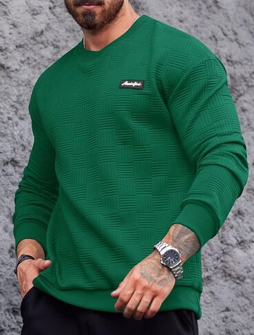 Mainfini Mens Crewneck Casual Sweatshirt Geometric Texture Soild Color Pullover (S-XXL) in Kuwait