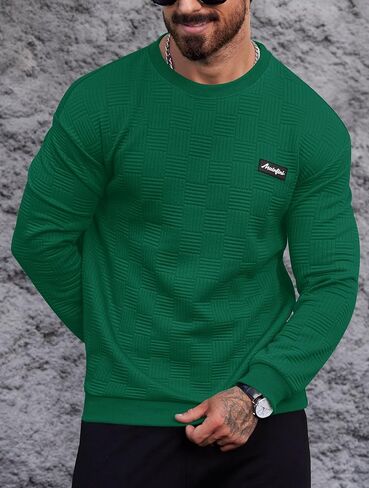 Mainfini Mens Crewneck Casual Sweatshirt Geometric Texture Soild Color Pullover (S-XXL) in Kuwait