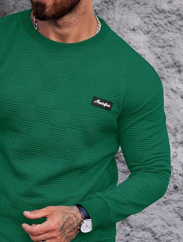 Mainfini Mens Crewneck Casual Sweatshirt Geometric Texture Soild Color Pullover (S-XXL) in Kuwait