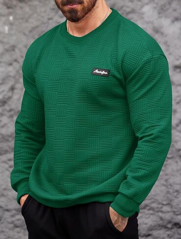 Mainfini Mens Crewneck Casual Sweatshirt Geometric Texture Soild Color Pullover (S-XXL) in Kuwait