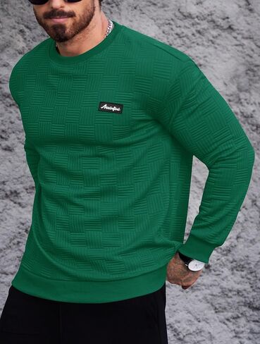 Mainfini Mens Crewneck Casual Sweatshirt Geometric Texture Soild Color Pullover (S-XXL) in Kuwait