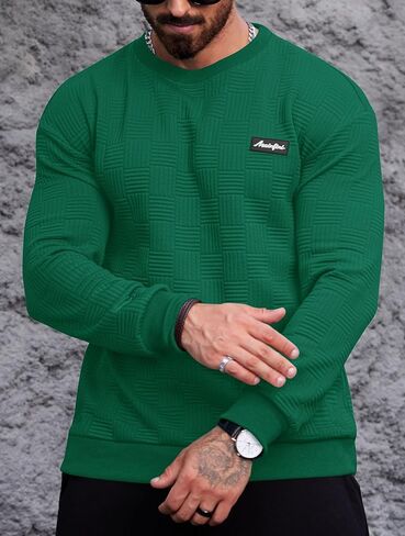 Mainfini Mens Crewneck Casual Sweatshirt Geometric Texture Soild Color Pullover (S-XXL) in Kuwait