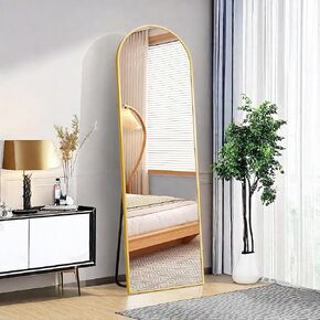 Full Length Mirror with Stand, 63" x 20" Full Body Mirror Leaning Standing Wall Mounted Floor Mirror, Aluminum Alloy Frame Modern Home Decor for Bedroom Living Room, Arched-64IN-Gold