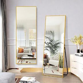 Full Length Mirror with Stand, 63" x 20" Full Body Mirror Leaning Standing Wall Mounted Floor Mirror, Aluminum Alloy Frame Modern Home Decor for Bedroom Living Room, Arched-64IN-Gold