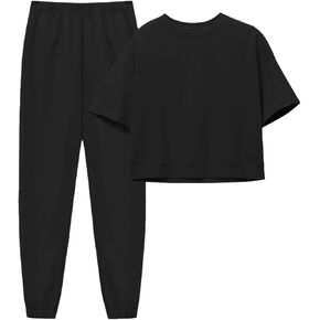 Fisoew Womens 2 Piece Outfits Oversized Cropped Sweatshirt and High Waist Running Pants Casual Tracksuit Sets
