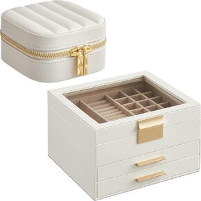 SONGMICS 3-Tier Jewelry Organizer with Glass Lid and Square Travel Jewelry Box Bundle, with Drawers, Mirror, PU, Modern, Gift Idea, Cloud White UJBC239WT and UJBC179W01