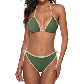 Zonsaoja Women String Bikini Halter Side Tie Two Piece Swimsuit Color Block Triangle Bathing Suits