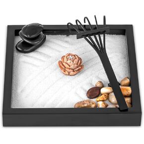 Mini Zen Garden Kit for Desk 6x6 inch with Wooden Lotus Flower, 3 Zen Stones, Pebbles, Home Office Desk Decorations (Wooden Lotus Flower)