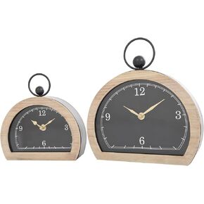 Deco 79 Wooden Decorative Clock Semicircle Mantel Clock with Brown Wooden Frame and Ring Handle, Set of 2 Tabletop Clock 10", 7" H, Black