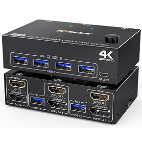 منفذ عرض مزدوج KVM Switch 2 شاشات 3 أجهزة كمبيوتر 8K@60 هرتز 4K@144 هرتز، MLEEDA 2 شاشات KVM Switch مع 4 منافذ USB 3.0 لطابعة ماوس لوحة المفاتيح، جهاز تحكم عن بعد سلكي ومحول طاقة 12 فولت متضمن