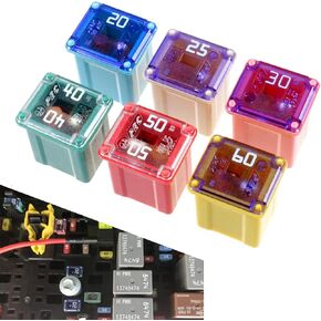 6 PCS Automotive Fuse Tall Box Shaped Combination Kit, 20A 25A 30A 40A 50A 60A Multiple Specifications Color Coded Fuses, Plug-in Type Fuse Set, Universal for Most Cars Trucks (Multicolored)