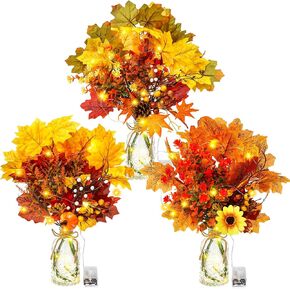 3 Sets Fall Centerpieces for Tables Artificial Flowers in Glass Vase Orange Autumn Faux Floral Plants Arrangement with LED Light Thanksgiving Fall Decor for Home Dining Room Kitchen Office