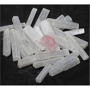 Selenite Sticks, 2 Pound Bulk, Crystal Wands, 2.7 Inch – 3 Inch Pieces, Plus Bonus Piece of Raw Rose Quartz and Healing Crystals ID Cards, Chakra, Reiki, Clearing (2 Lbs)
