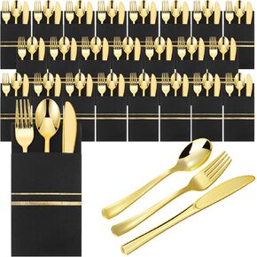 Ireer 50 Set Plastic Silverware Sets with Napkins Plastic Cutlery Set for Guests Wrapped Disposable Silverware Set with Forks Knives Spoons Napkins for Dinner Party Wedding (Black Gold)