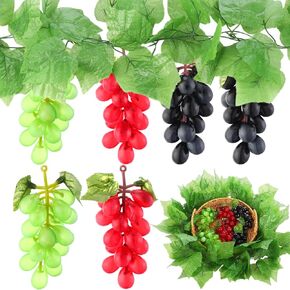 6 Bunches Artificial Grape with 2 Pcs Artificial Vines Fake Grapes Decoration Lifelike Hanging Ornaments for Autumn Thanksgiving Wedding Party Wall Indoor Outdoor Decorations