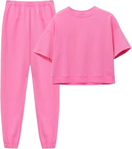 Fisoew Womens 2 Piece Outfits Oversized Cropped Sweatshirt and High Waist Running Pants Casual Tracksuit Sets in Saudi Arabia