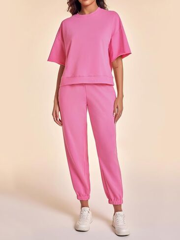 Fisoew Womens 2 Piece Outfits Oversized Cropped Sweatshirt and High Waist Running Pants Casual Tracksuit Sets in Saudi Arabia