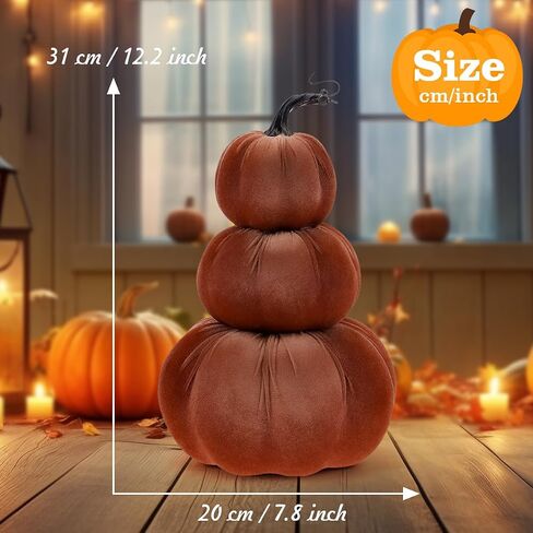 12.6 Inch Artificial Velvet Pumpkin Tower Decor Fake Handmade Faux Stacked Pumpkins Festival Foam Fall Harvest Garden Rustic Lifelike Tabletop Display - Green in Saudi Arabia