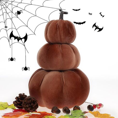 12.6 Inch Artificial Velvet Pumpkin Tower Decor Fake Handmade Faux Stacked Pumpkins Festival Foam Fall Harvest Garden Rustic Lifelike Tabletop Display - Green in Saudi Arabia