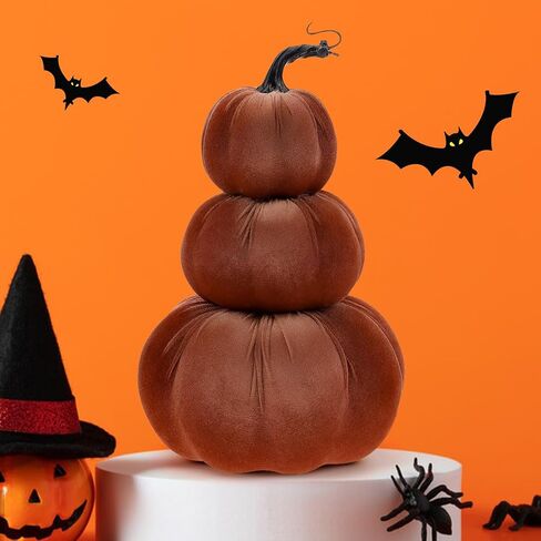 12.6 Inch Artificial Velvet Pumpkin Tower Decor Fake Handmade Faux Stacked Pumpkins Festival Foam Fall Harvest Garden Rustic Lifelike Tabletop Display - Green in Saudi Arabia