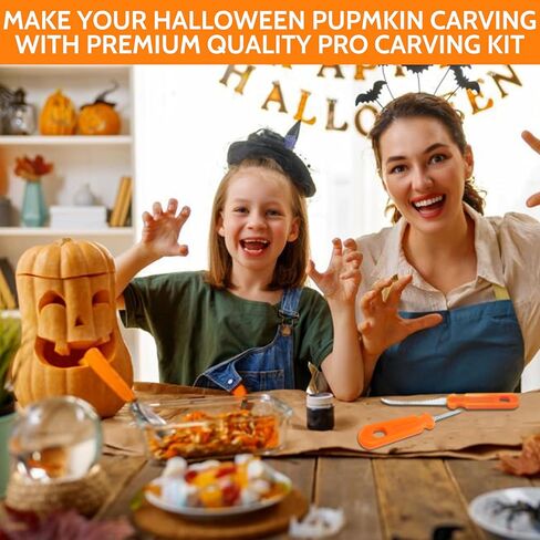مجموعة حفلات نحت اليقطين للهالوين - 8 قطع سكاكين ومجارف وأوراق استنسل DIY ودلاء أمعاء وغطاء طاولة - مجموعة نحت اليقطين شديدة التحمل لتزيين أبواب الهالوين - مصممة لـ 8 أشخاص in Kuwait