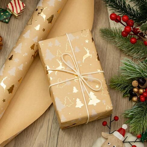 Garbendy Mini Wrapping Paper Roll Embossing 3D White with Gold Foil Star Design for Christmas, Birthday, Wedding, Baby Shower, Bridal Shower, Party-17inch x 32.8ft in Saudi Arabia