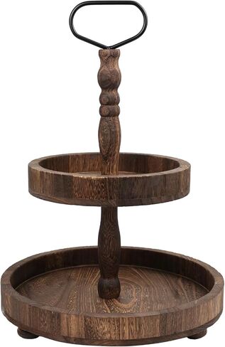 Wooden 2 Tiered Decorative Tray, Round Farmhouse Table Decor Serving Tray for Home Kitchen Party Seasonal Holiday Decorations, Rustic Wood Dessert Cupcake Display Stand, Whitewashed in Saudi Arabia