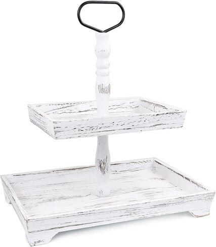 Wooden 2 Tiered Decorative Tray, Round Farmhouse Table Decor Serving Tray for Home Kitchen Party Seasonal Holiday Decorations, Rustic Wood Dessert Cupcake Display Stand, Whitewashed in Saudi Arabia