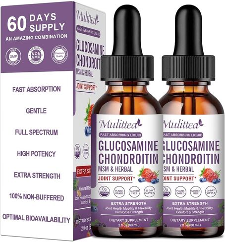 Glucosamine Chondroitin MSM Liquid Drops - Extra Strength Joint Support Supplement with Elderberry, Boswelia, Bromelain, Hyaluronic Acid - Antioxidant Immune Support for Adults, Men & Women (2 Pack) in Kuwait