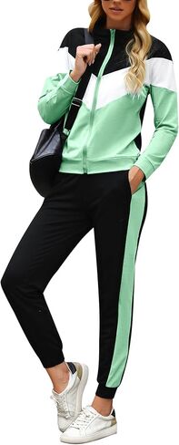 Marvmys Women Full Zip SweatSuits - 2 Pieces Traksuit Color Block Jogger Set in Kuwait