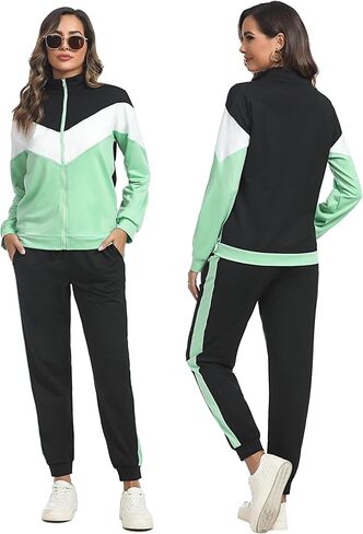 Marvmys Women Full Zip SweatSuits - 2 Pieces Traksuit Color Block Jogger Set in Kuwait